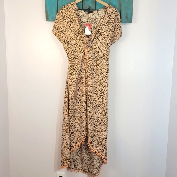 America and Beyond cheetah print pom pom high low faux wrap dress NWT - Picture 1 of 10